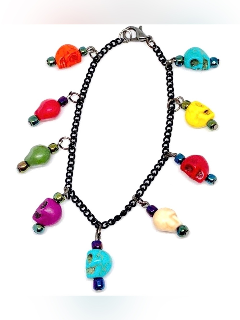 Red Blue Multicolor Howlite Stone Skull Black Chain Bracelet Goth Halloween 7.5”